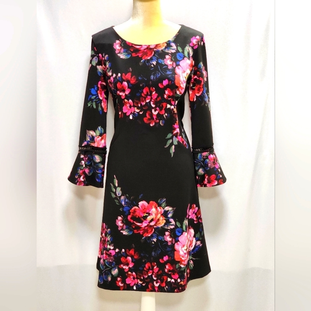 Leslie Fay Black Floral Print Dress